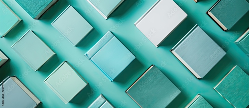 Aufkleber Turquoise background hosts various hardcover books offering copy space image for text featuring library material