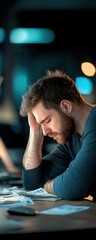 A clear image of a dejected person sitting at a desk with overdue bills, with a blurred background of a cluttered office space, highlighting the impact of economic downturns