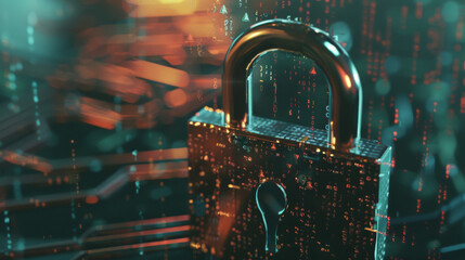 A high-tech padlock with intricate holographic data patterns, illustrating advanced data protection and cybersecurity concepts in a digital world.