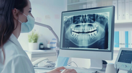 Dental professional observing a detailed panoramic dental X-ray on a large screen, highlighting the incredible precision of modern dental imaging.