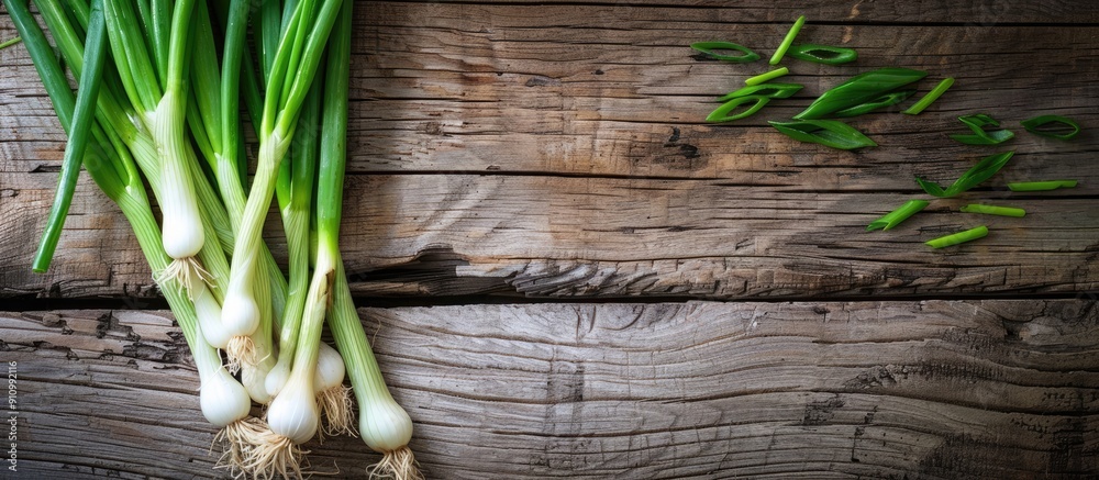 Aufkleber wooden backdrop featuring fresh green onions room for text ideal for a copy space image