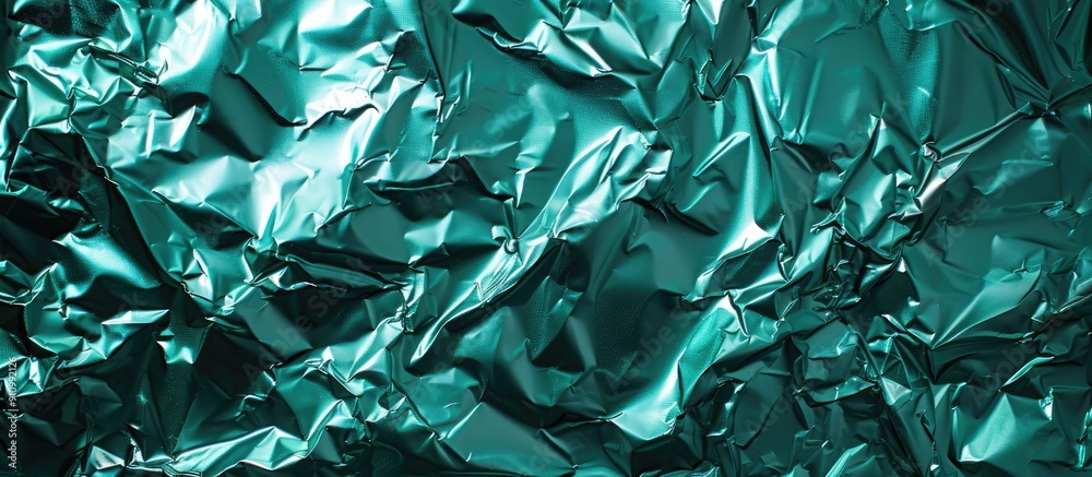 Poster wrinkled foil background in abstract petrol or teal shade reflects a greenish blue light suitable fo