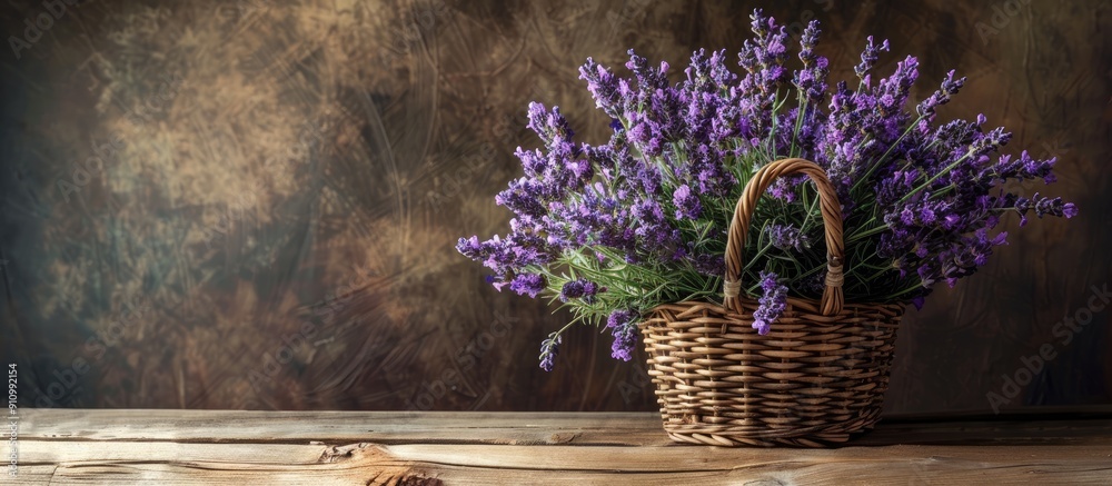 Poster a rustic bouquet of lavender arranged in a basket on a wooden table offers a romantic ambiance with 