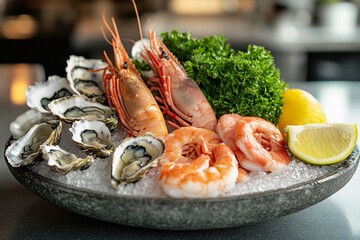 Fresh seafood display with oysters, clams, and prawns on crushed ice, garnished with lemon and parsley