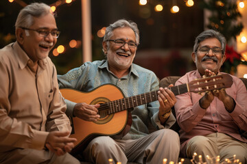 Obraz premium Three middle-aged Indian men, one playing guitar and the other two clapping joyfully in front of a sofa at home