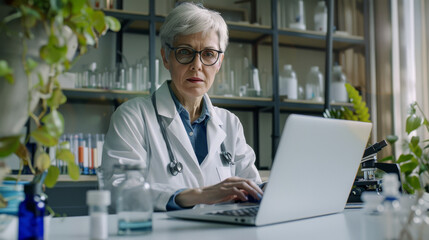 A doctor in a white lab coat sits at a desk in a modern laboratory, analyzing data on a laptop among various scientific tools and plants.