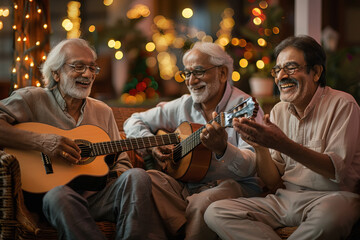Three middle-aged Indian men, one playing guitar and the other two clapping joyfully in front of a sofa at home