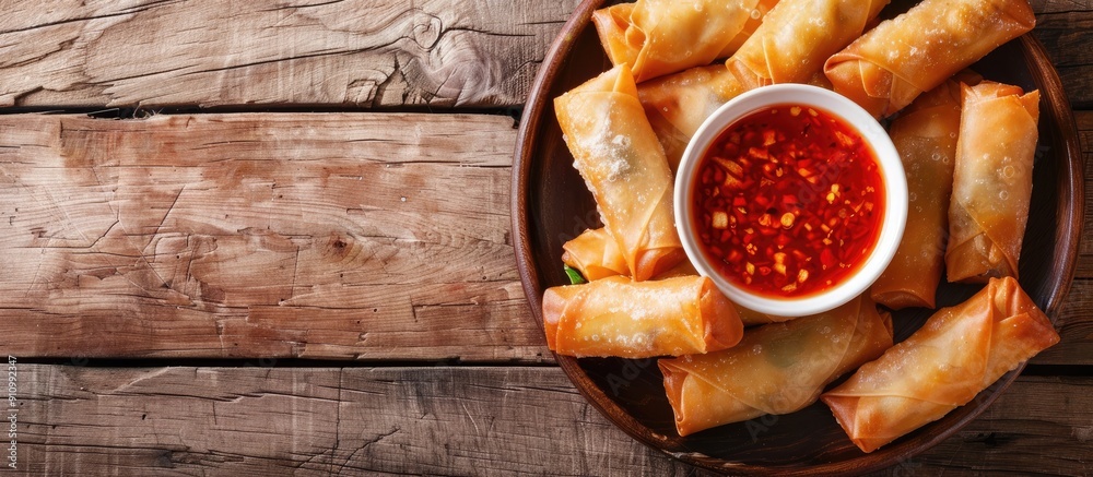 Poster focused photography of chinese spring rolls with sweet chili sauce on a wooden table with space for 
