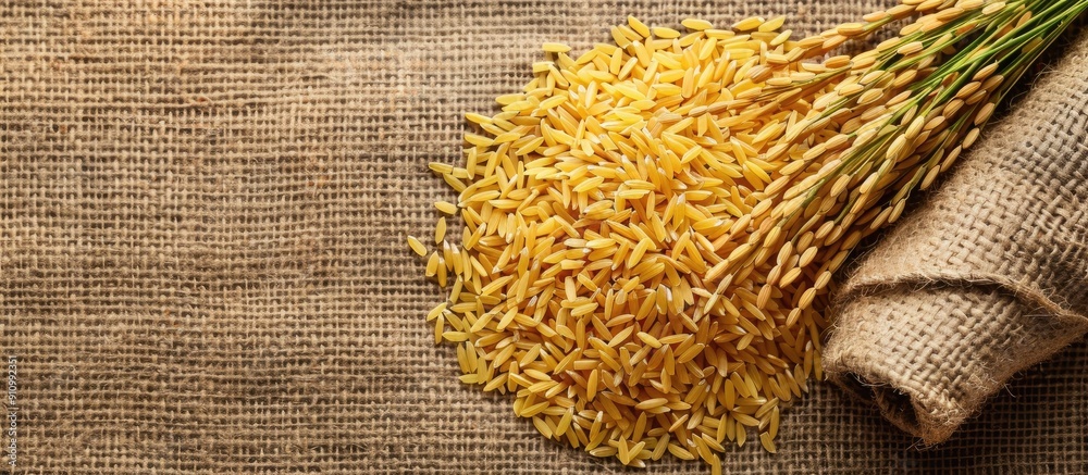 Poster Top view of golden rice spikes with paddy rice and rice grain yield in the background on copy space image