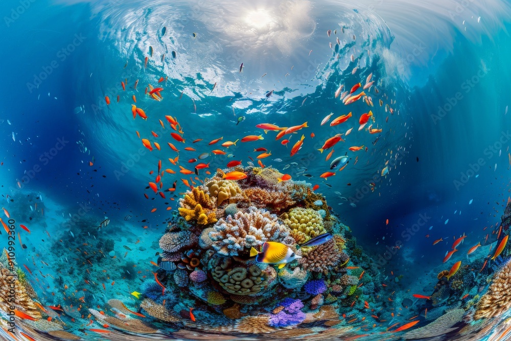 Poster this image showcases the interaction between various fish species and coral structures in a lively m