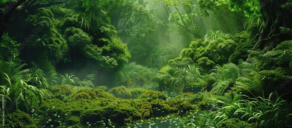 Poster A lush green natural scene serving as a backdrop for text or imagery. copy space available