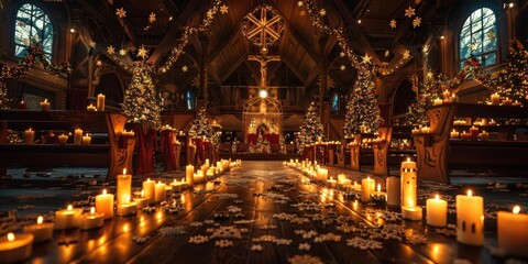 Obraz premium Candles illuminate a pathway in a dark church, creating a warm and inviting atmosphere.