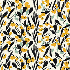 Modern printed fabric wildflower blockprint pattern with linen fabric textures. Stylized hand drawn boho dark florals for decorative design elements in repeatable background tile.