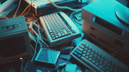 A cluttered desk filled with vintage computing equipment, evoking nostalgia for the retro tech era with its tangled cords and old-school hardware.