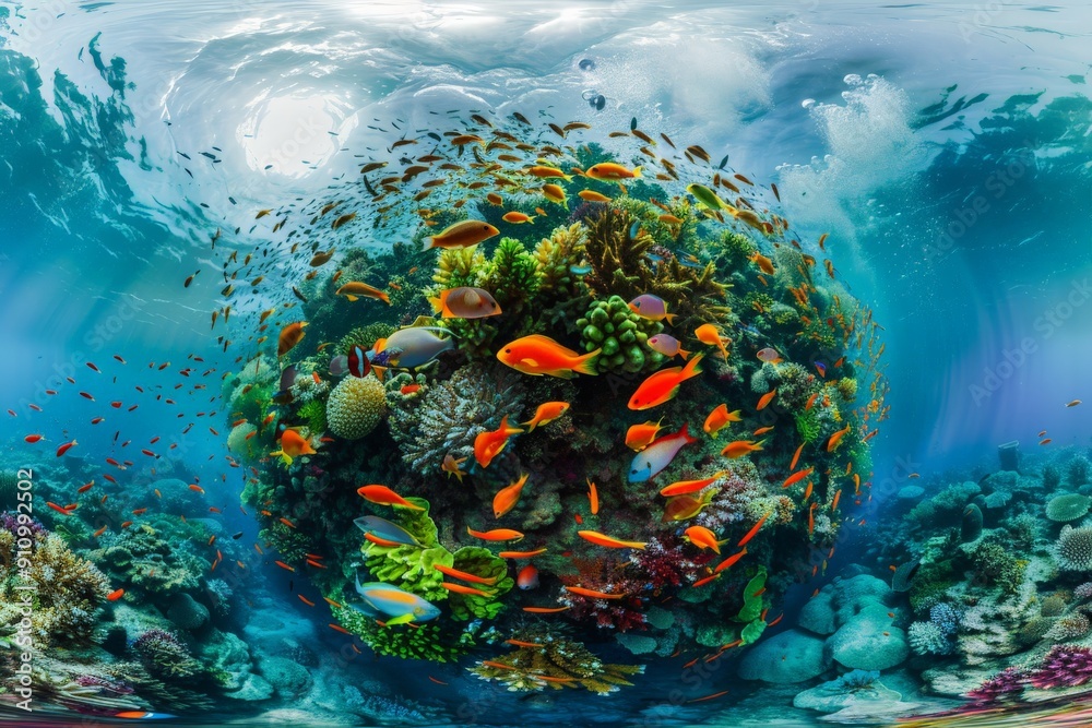 Poster this dynamic underwater image features a lively marine ecosystem with colorful coral and a variety o