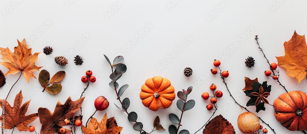 Poster Fall themed arrangement with leaves twigs pumpkin and berries on a white background presented from above with space for text or images. copy space available
