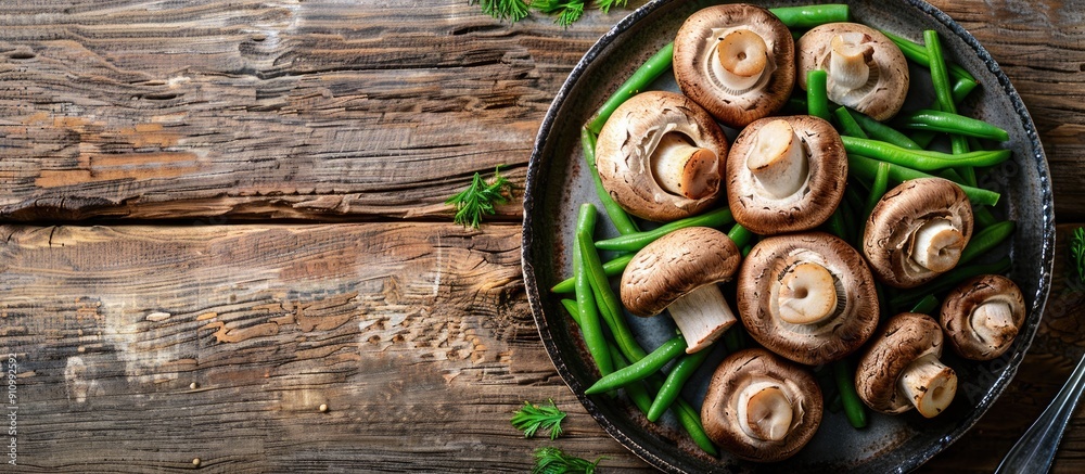 Poster table set with delicious mushrooms and green beans on a plate with copy space image