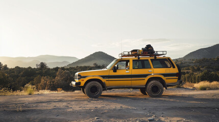 Obraz premium A yellow off-road vehicle packed with gear stands ready for adventure against a backdrop of mountain ranges at dusk.
