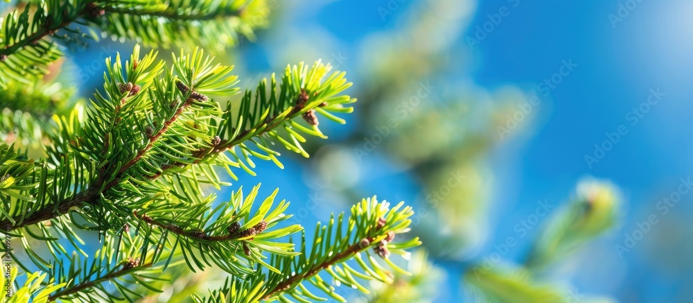 Poster spruce branches with fresh new shoots in spring against a blue sky backdrop young green spruce shoot