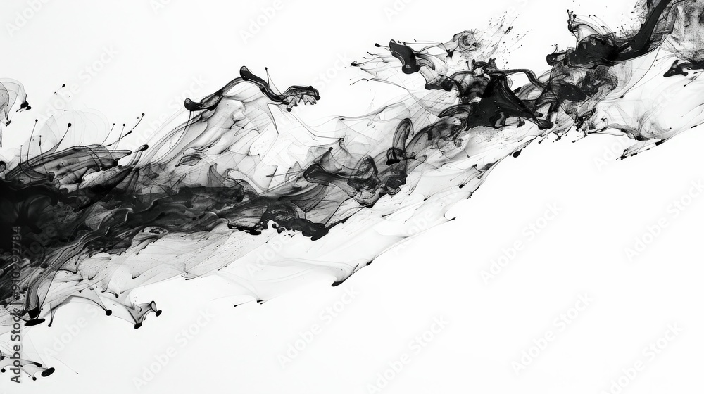 Poster The image showcases a mesmerizing flow of black ink, intertwining in elegant, abstract patterns, creating a captivating and visually striking art piece with fluid movement.
