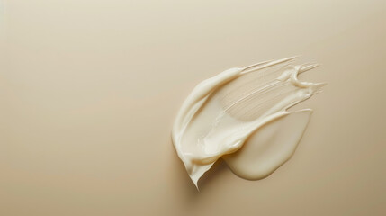 A creamy, luxurious smear of lotion on a neutral, beige background, emphasizing texture and smoothness in a close-up shot.