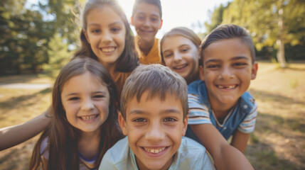 Obraz premium Group of joyful children smiling, sharing a fun outdoor moment in a sunny park, exuding a sense of happiness and camaraderie.