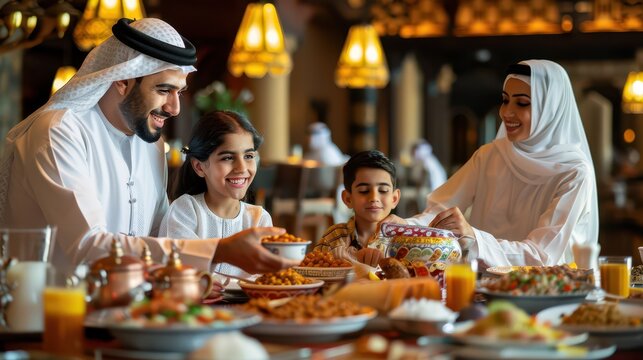 A family shares a joyful meal at an elegant Arabic restaurant, enjoying traditional dishes and each other's company