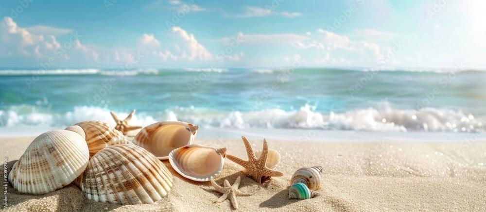 Poster sandy beach with seashells a summer background perfect for holidays with room for a copy space image