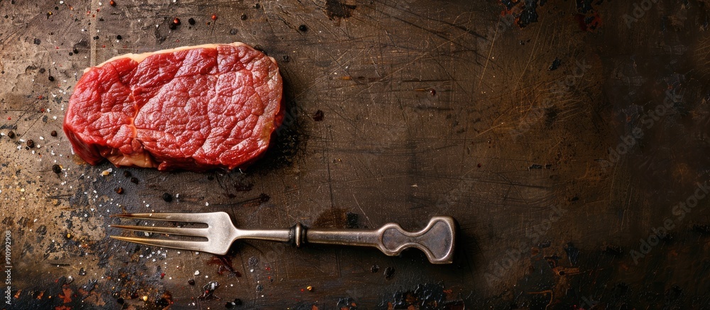 Poster Presentation of a raw steak on a fork atop a vintage table in a top view composition with available copy space image