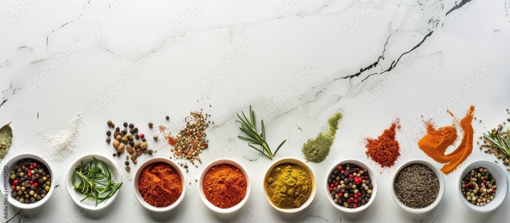 Poster Top view of various spices displayed on a white marble surface with room for text Copy space image