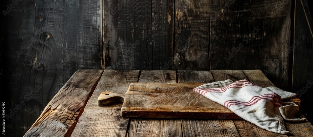 Aufkleber A wooden table with a cutting board and a towel providing a rustic backdrop with ample copy space image