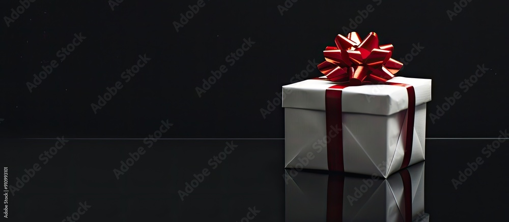 Aufkleber white gift box with red ribbons and bow on a black background ideal for a copy space image