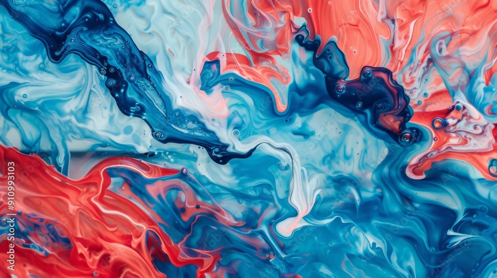 Leinwandbilder a vibrant abstract fluid art piece featuring dynamic swirls of red and blue with hints of white, cre