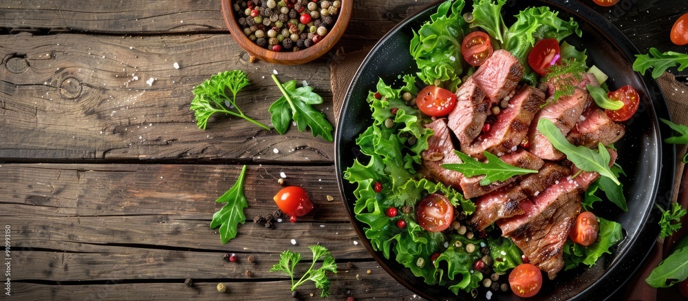 Aufkleber wooden table with fried veal steak lettuce and spices creating a delectable dish with a rustic flair