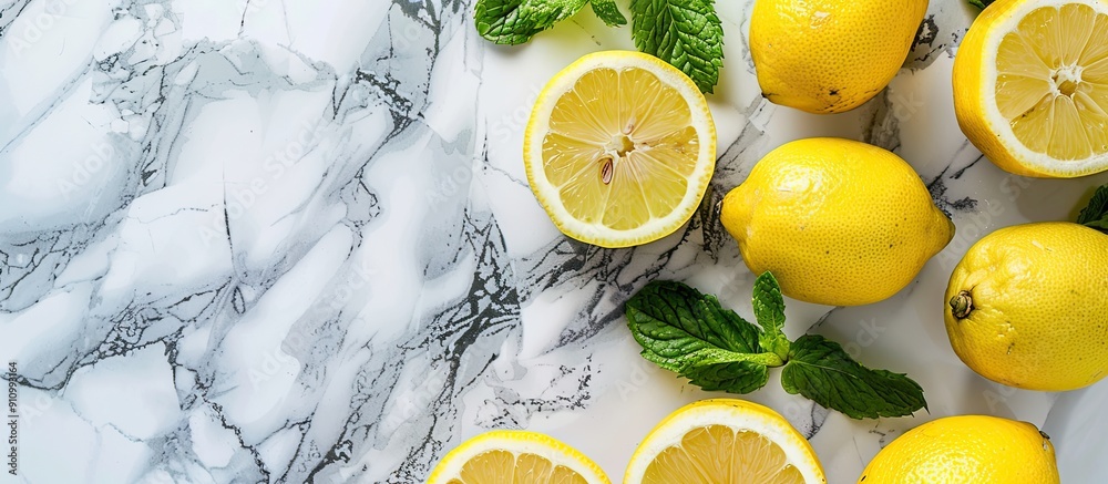 Poster from above view of fresh lemons and green mint leaves arranged on a marble background in a flat lay 