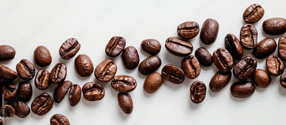 Poster Coffee beans displayed elegantly on a white backdrop providing a perfect copy space image