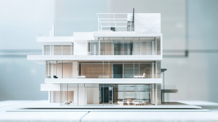 An innovative architectural model of a contemporary house, showcasing sleek lines, modern design, and large glass windows, exemplifying cutting-edge construction techniques.