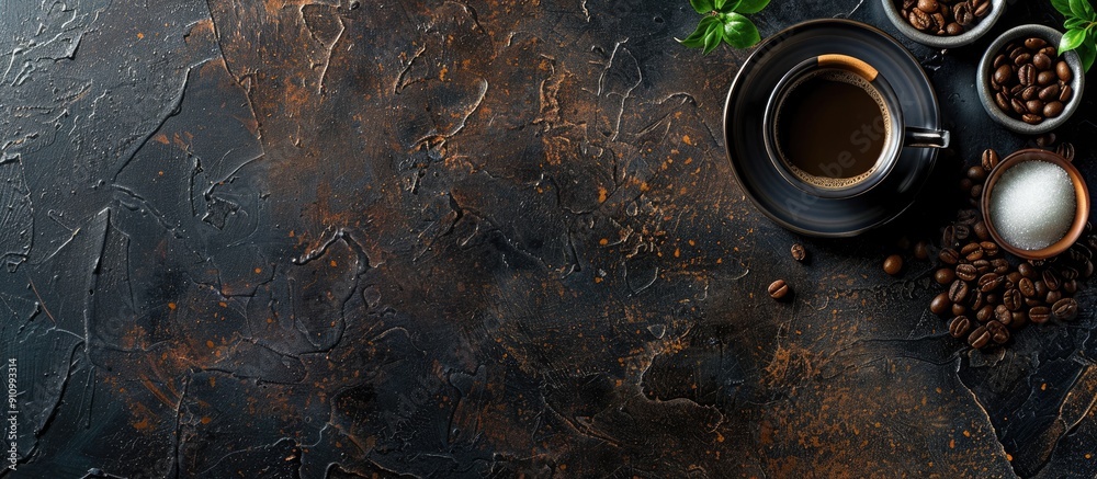 Poster Top view of a dark stone table with a coffee cup sugar and roasted beans providing ample copy space in a flat lay image