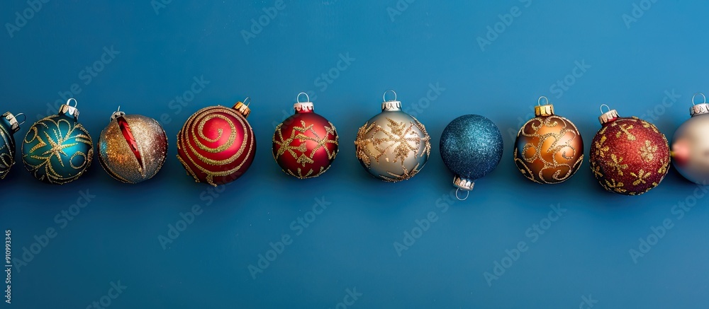 Wall mural Various Christmas ornaments displayed against a blue backdrop with copy space image