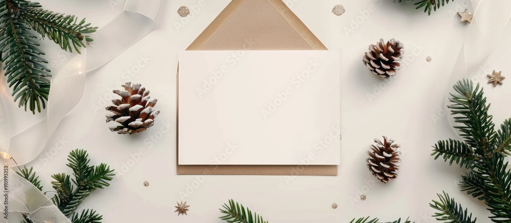 Fototapete Top view of a festive flat lay featuring a blank invitation and craft paper envelope for a New Year celebration presenting a Christmas greeting card template with background copy space image