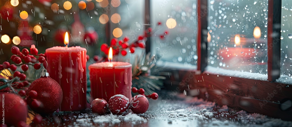 Aufkleber festive red candles and decorations set against a window with copy space image