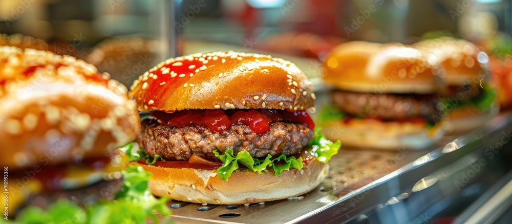 Poster Display a Turkish wet burger with sauce in a kiosk for a copy space image
