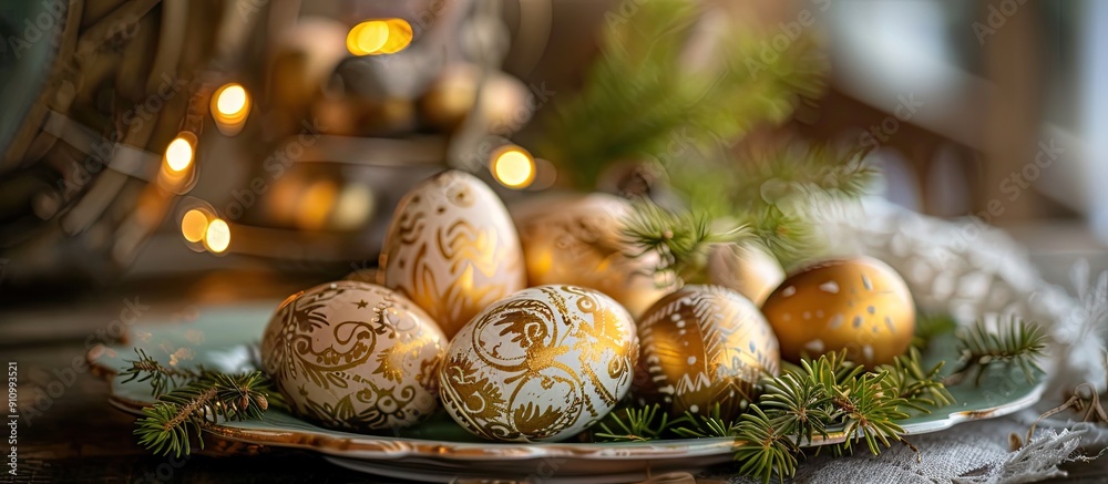 Aufkleber an arrangement of easter eggs adorned with gold patterns and bunny figures on a plate exuding a sens
