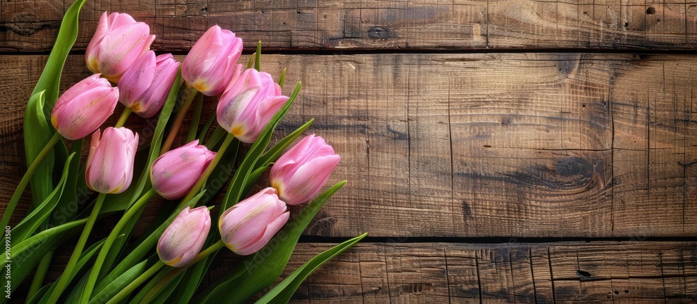 Aufkleber a top down view of pink tulips on rustic wooden boards with space for text a perfect copy space imag