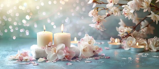 Decorative harmony with flowers candles and a blank copy space image creates a spa ambiance