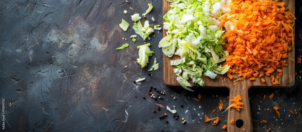 Poster Fresh veggies like chopped carrot and cabbage displayed on a rustic wooden cutting board in a top view image symbolizing healthy eating with copy space for additional content