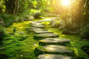 A mossy stone path winds through a sun-drenched forest.