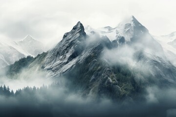Mysterious mountains covered in fog, the peaks disappearing into the clouds