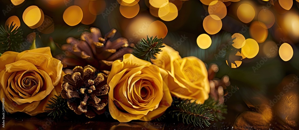 Wall mural A festive New Year s background showcases yellow silk roses and golden pine cones providing room for text or other elements in the copy space image