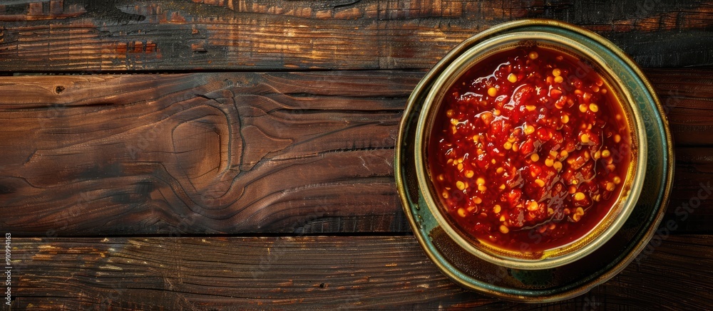 Poster a top down view of a bowl of spicy chili sauce on a wooden table with room for text alongside the im